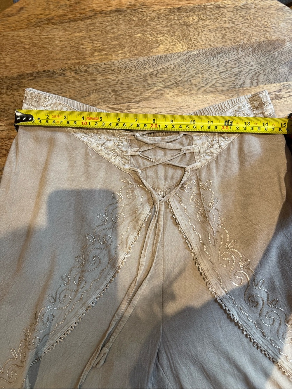 Boho Embroidered Tie-Waist Wide Leg Pants in Taupe one size - Picture 7 of 10